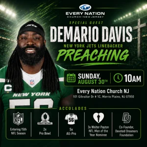 Demario Davis preaching at Every Nation Church NJ on August 30 at 10 AM